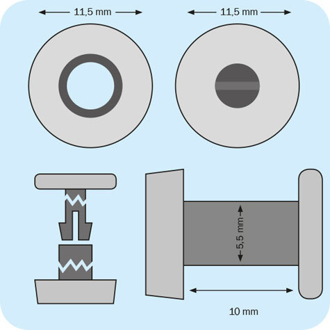 legatoria Rivetto in plastica 10mm, NERO,  in due pezzi, a testa spessa, spessore testa 2mm, spessore base 3mm, spessore rilegabile 10mm, spessore complessivo a rivetto chiuso 15mm, foro da praticare sui fogli 6mm, diametro esterno della base e della testa 11,5mm.