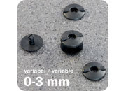 legatoria Rivetto in plastica 3mm (variabile) NERO, in due pezzi, a testa spessa, spessore testa 2mm, spessore base 2,5mm, spessore rilegabile 3mm, spessore complessivo a rivetto chiuso 7,5mm, foro da praticare sui fogli 3,5mm, diametro esterno della base e della testa 12,5mm.