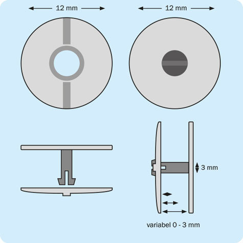 legatoria Rivetto in plastica 3mm (variabile) NERO, in due pezzi, a testa spessa, spessore testa 2mm, spessore base 2,5mm, spessore rilegabile 3mm, spessore complessivo a rivetto chiuso 7,5mm, foro da praticare sui fogli 3,5mm, diametro esterno della base e della testa 12,5mm.