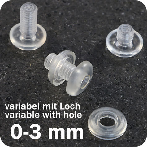 legatoria Rivetto in plastica con foro passante per catenella, 0-3mm TRASPARENTE, in due pezzi. rilega fascicoli da 0 a 3mm. A testa spessa, spessore testa 3mm, spessore base 3mm, spessore rilegabile 0-3mm, spessore complessivo a rivetto chiuso 9mm, foro da praticare sui fogli 5,5mm, diametro esterno della base e della testa 12mm, foro catena 3mm.