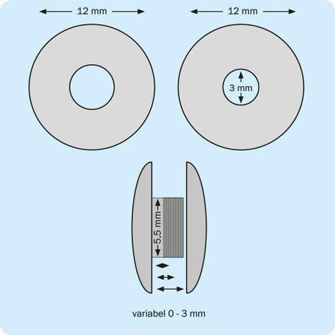 legatoria Rivetto in plastica con foro passante per catenella, 0-3mm TRASPARENTE, in due pezzi. rilega fascicoli da 0 a 3mm. A testa spessa, spessore testa 3mm, spessore base 3mm, spessore rilegabile 0-3mm, spessore complessivo a rivetto chiuso 9mm, foro da praticare sui fogli 5,5mm, diametro esterno della base e della testa 12mm, foro catena 3mm.