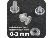 legatoria Rivetto in plastica con foro passante per catenella, 0-6mm TRASPARENTE, in due pezzi. rilega fascicoli da 0 a 6mm. A testa spessa, spessore testa 3mm, spessore base 3mm, spessore rilegabile 0-6mm, spessore complessivo a rivetto chiuso 12mm, foro da praticare sui fogli 5,5mm, diametro esterno della base e della testa 12mm, foro catena 3mm.
