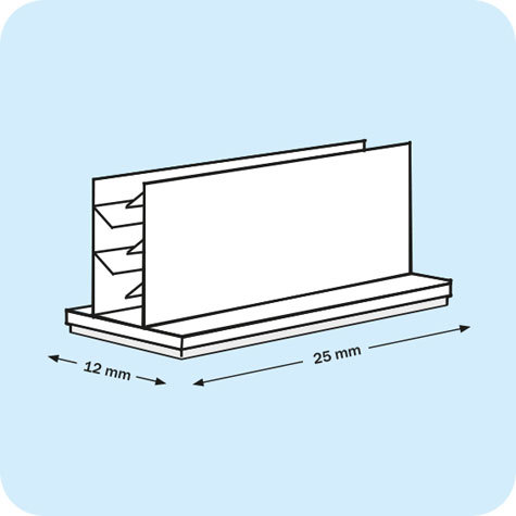 legatoria Porta cartellino autoadesivo 25x12mm TRASPARENTE, angolo di 90 gradi. Con base autoadesiva in schiuma di polietilene.