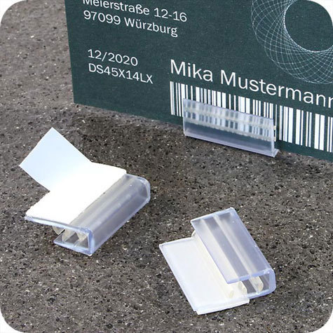 legatoria Porta cartellino autoadesivo 25x20mm TRASPARENTE, angolo di 90 gradi. Con base autoadesiva in schiuma di polietilene.
