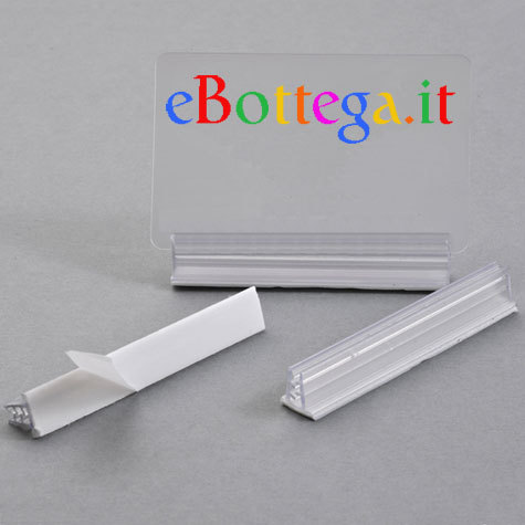 legatoria Porta cartellino autoadesivo 75x120mm TRASPARENTE, angolo di 90 gradi. Con base autoadesiva in schiuma di polietilene.