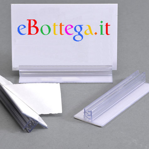 legatoria Porta cartellino autoadesivo 75x25mm TRASPARENTE, angolo di 90 gradi. Con base autoadesiva in schiuma di polietilene.