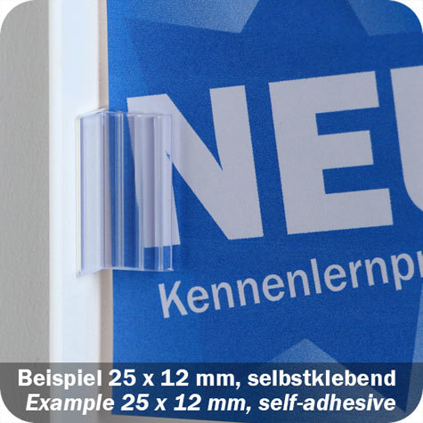 legatoria Porta cartellino autoadesivo 75x25mm TRASPARENTE, angolo di 90 gradi. Con base autoadesiva in schiuma di polietilene.