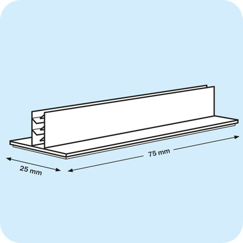 legatoria Porta cartellino autoadesivo 75x25mm TRASPARENTE, angolo di 90 gradi. Con base autoadesiva in schiuma di polietilene.