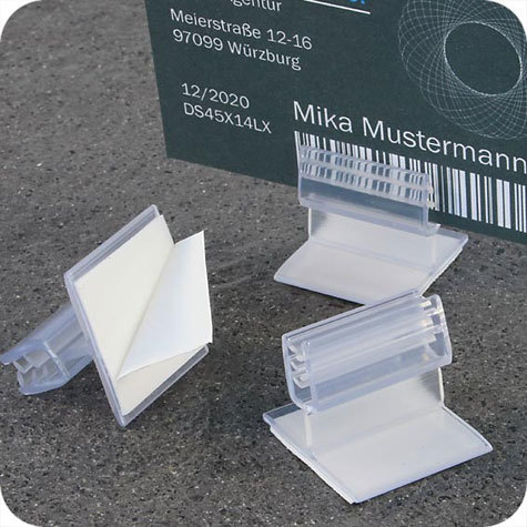 legatoria Porta cartellino autoadesivo flessibile 25x25mm TRASPARENTE, angolo di 90 gradi. Con base autoadesiva in schiuma di polietilene.