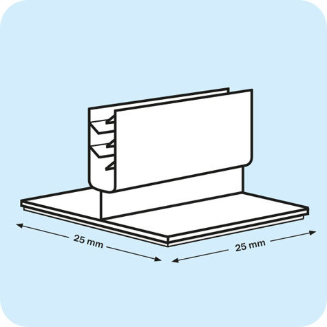 legatoria Porta cartellino autoadesivo flessibile 25x25mm TRASPARENTE, angolo di 90 gradi. Con base autoadesiva in schiuma di polietilene.