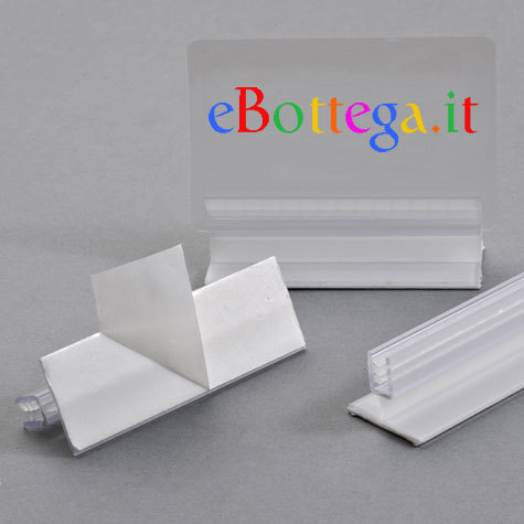 legatoria Porta cartellino autoadesivo flessibile 15x25mm TRASPARENTE, angolo di 90 gradi. Con base autoadesiva in schiuma di polietilene.