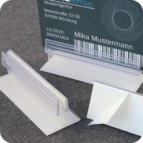 legatoria Porta cartellino autoadesivo flessibile 15x25mm TRASPARENTE, angolo di 90 gradi. Con base autoadesiva in schiuma di polietilene.