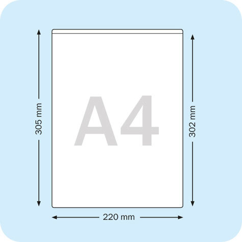 legatoria Busta autoadesiva A4 (210x297mm) in vinile trasparente (colla acrilica trasparente), apertura sul lato corto.