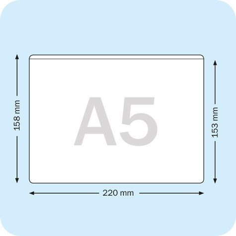 legatoria Busta autoadesiva A5 (148x210mm) in vinile trasparente (colla acrilica trasparente), apertura sul lato lungo.