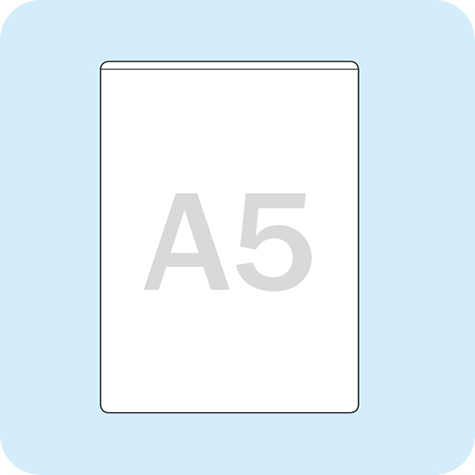 legatoria Busta autoadesiva A5 (148x210mm) in vinile trasparente (colla acrilica trasparente), apertura sul lato corto.