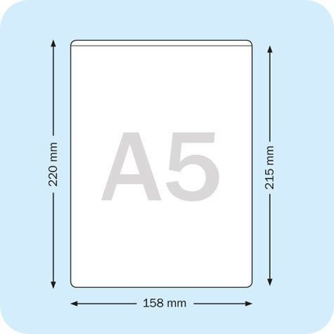 legatoria Busta autoadesiva A5 (148x210mm) in vinile trasparente (colla acrilica trasparente), apertura sul lato corto.