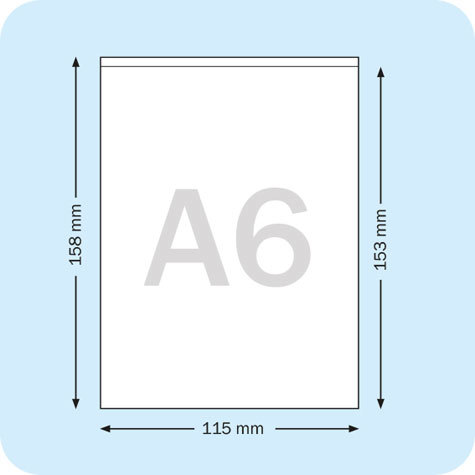 legatoria Busta autoadesiva A6 (105x148mm) in vinile trasparente (colla acrilica trasparente), apertura sul lato corto.