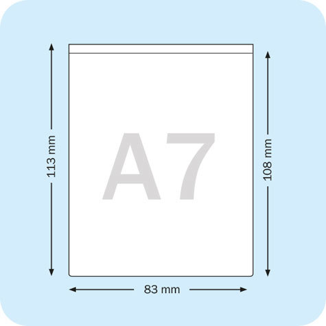 legatoria Busta autoadesiva A7 (74x105mm) in vinile trasparente (colla acrilica trasparente), apertura sul lato corto.