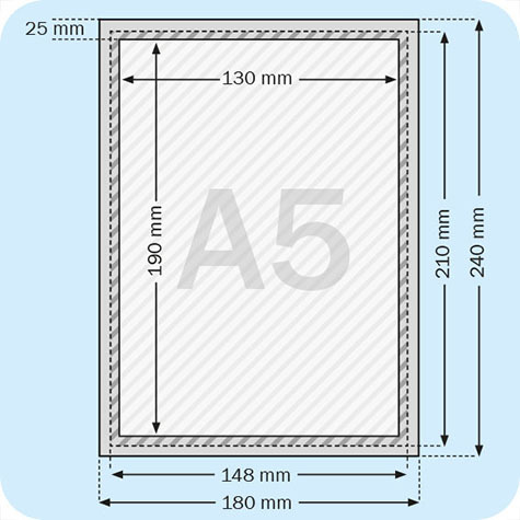 legatoria Cornice alluminio a scatto, A5 AUTOADESIVA mediante nastro biadesivo in schiuma di PE, largo: 19mm, spessore: 1mm. Per fogli di dimensione A5(148x210mm). Dimensioni esterne: 180x240mm. Area visibile: 130x190mm. Profilo: 25mm. La cornice � dotata di foglio protettivo in PVC trasparente antiriflesso..
