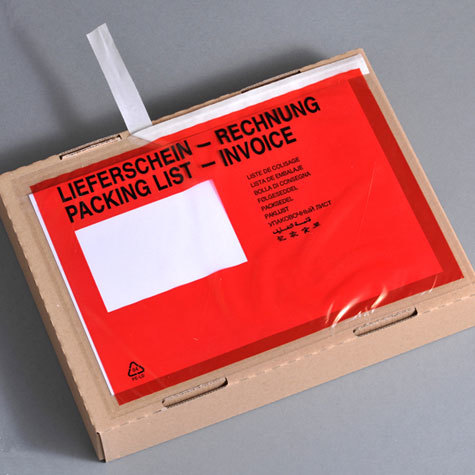 legatoria Buste per spedizioni autoadesive 238x175mm per formato A5, ROSSE con scritte nere Packing list - Invoice, CONTIENE DOCUMENTI, DOCUMENTS ENCLOSED. Apertura sul lato lungo.