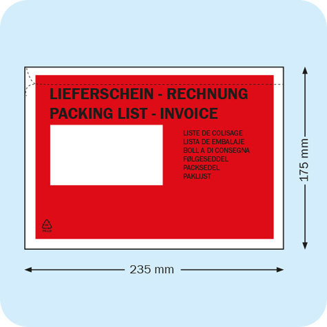 legatoria Buste per spedizioni autoadesive 238x175mm per formato A5, ROSSE con scritte nere Packing list - Invoice, CONTIENE DOCUMENTI, DOCUMENTS ENCLOSED. Apertura sul lato lungo.