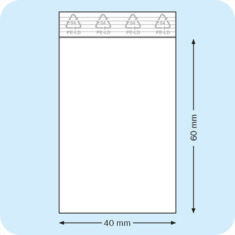 legatoria Sacchetti richiudibili (minigrip), 40x60mm TRASPARENTE, in polietilene da 50 micron, aperti sul lato corto, con zip di chiusura.