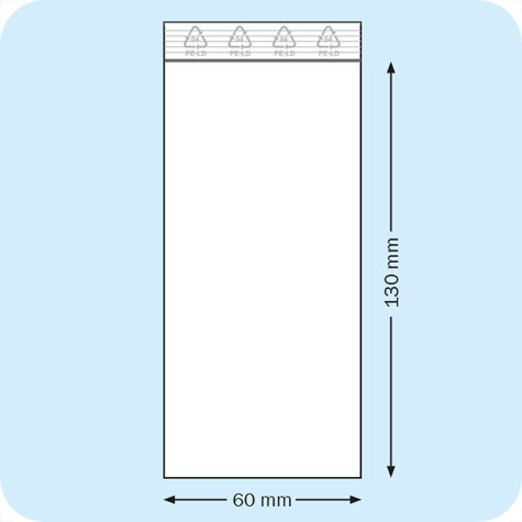 legatoria Sacchetti richiudibili (minigrip), 60x130mm TRASPARENTE, in polietilene da 50 micron, aperti sul lato corto, con zip di chiusura.