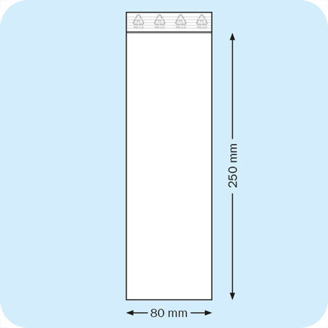 legatoria Sacchetti richiudibili (minigrip), 80x250mm TRASPARENTE, in polietilene da 50 micron, aperti sul lato corto, con zip di chiusura.