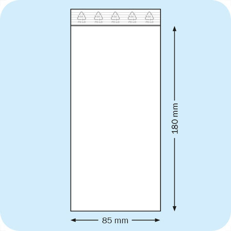 legatoria Sacchetti richiudibili (minigrip), 85x180mm TRASPARENTE, in polietilene da 50 micron, aperti sul lato corto, con zip di chiusura.
