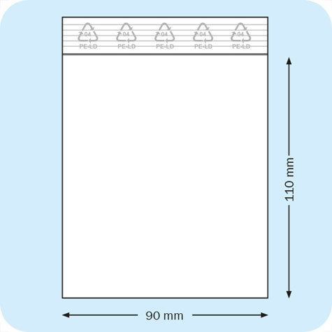 legatoria Sacchetti richiudibili (minigrip), 90x110mm TRASPARENTE, in polietilene da 50 micron, aperti sul lato corto, con zip di chiusura.