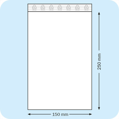 legatoria Sacchetti richiudibili (minigrip), 150x250mm TRASPARENTE, in polietilene da 50 micron, aperti sul lato corto, con zip di chiusura.