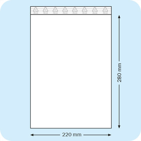 legatoria Sacchetti richiudibili (minigrip), 220x280mm TRASPARENTE, in polietilene da 50 micron, aperti sul lato corto, con zip di chiusura.