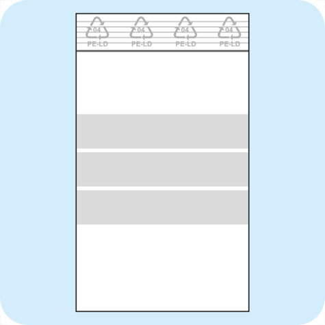 legatoria Sacchetti richiudibili (minigrip), con etichetta, 100x125mm TRASPARENTE, in polietilene da 50 micron, aperti sul lato corto, con zip di chiusura. Con 3 fasce bianche adatte alla scrittura manuale per etichettatura.