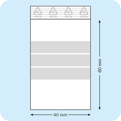 legatoria Sacchetti richiudibili (minigrip), con etichetta, 40x60mm TRASPARENTE, in polietilene da 50 micron, aperti sul lato corto, con zip di chiusura. Con 3 fasce bianche adatte alla scrittura manuale per etichettatura.