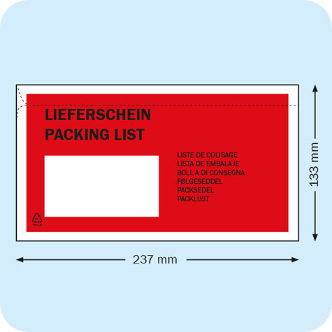 legatoria Buste per spedizioni autoadesive 238x133mm per contenere fogli A4 piegati in 3, ROSSE con scritte nere Packing list, apertura sul lato lungo.