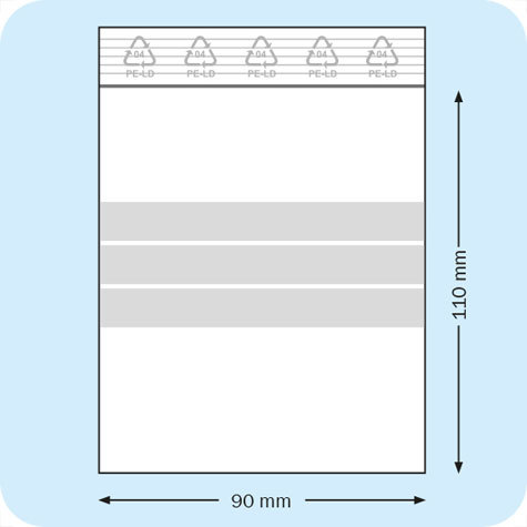 legatoria Sacchetti richiudibili (minigrip), con etichetta, 90x110mm TRASPARENTE, in polietilene da 50 micron, aperti sul lato corto, con zip di chiusura. Con 3 fasce bianche adatte alla scrittura manuale per etichettatura.
