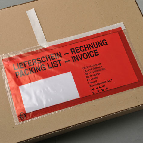 legatoria Buste per spedizioni autoadesive 238x133mm per contenere fogli A4 piegati in 3, ROSSE con scritte nere Packing list - Invoice, apertura sul lato lungo.