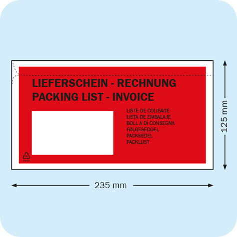 legatoria Buste per spedizioni autoadesive 238x133mm per contenere fogli A4 piegati in 3, ROSSE con scritte nere Packing list - Invoice, apertura sul lato lungo.