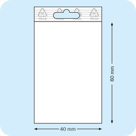 legatoria Sacchetti richiudibili (minigrip), appendibili, 40x60mm TRASPARENTE, in polietilene da 50 micron, aperti sul lato corto, con zip di chiusura. Con perforazione standard europea per essere appesi nei porta blister.