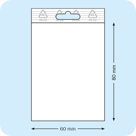 legatoria Sacchetti richiudibili (minigrip), appendibili, 60x80mm TRASPARENTE, in polietilene da 50 micron, aperti sul lato corto, con zip di chiusura. Con perforazione standard europea per essere appesi nei porta blister.