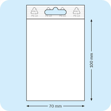 legatoria Sacchetti richiudibili (minigrip), appendibili, 70x100mm TRASPARENTE, in polietilene da 50 micron, aperti sul lato corto, con zip di chiusura. Con perforazione standard europea per essere appesi nei porta blister.