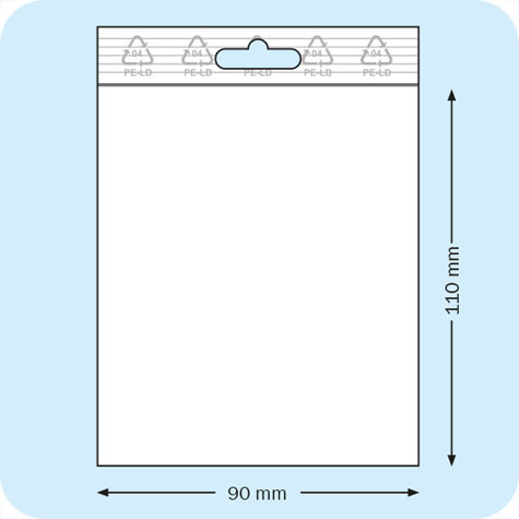 legatoria Sacchetti richiudibili (minigrip), appendibili, 90x110mm TRASPARENTE, in polietilene da 50 micron, aperti sul lato corto, con zip di chiusura. Con perforazione standard europea per essere appesi nei porta blister.