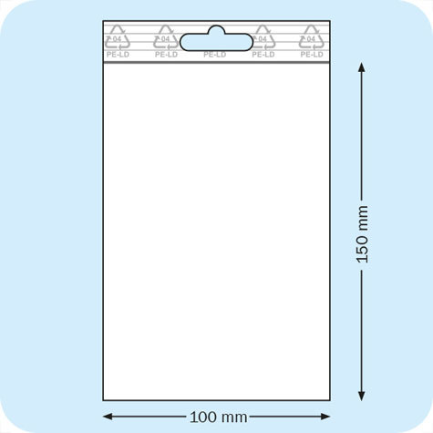 legatoria Sacchetti richiudibili (minigrip), appendibili, 100x150mm TRASPARENTE, in polietilene da 50 micron, aperti sul lato corto, con zip di chiusura. Con perforazione standard europea per essere appesi nei porta blister.