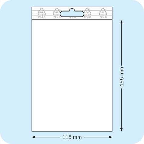 legatoria Sacchetti richiudibili (minigrip), appendibili, 115x155mm TRASPARENTE, in polietilene da 50 micron, aperti sul lato corto, con zip di chiusura. Con perforazione standard europea per essere appesi nei porta blister.