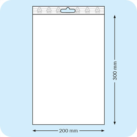 legatoria Sacchetti richiudibili (minigrip), appendibili, 200x300mm TRASPARENTE, in polietilene da 50 micron, aperti sul lato corto, con zip di chiusura. Con perforazione standard europea per essere appesi nei porta blister.