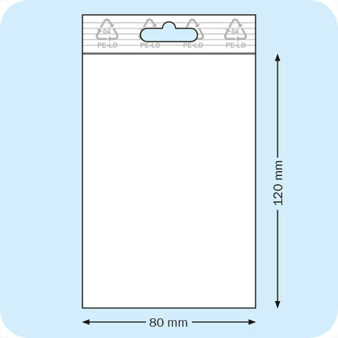 legatoria Sacchetti richiudibili (minigrip), appendibili, 80x120mm TRASPARENTE, in polietilene pesante da 90 micron, aperti sul lato corto, con zip di chiusura. Con perforazione standard europea per essere appesi nei porta blister.