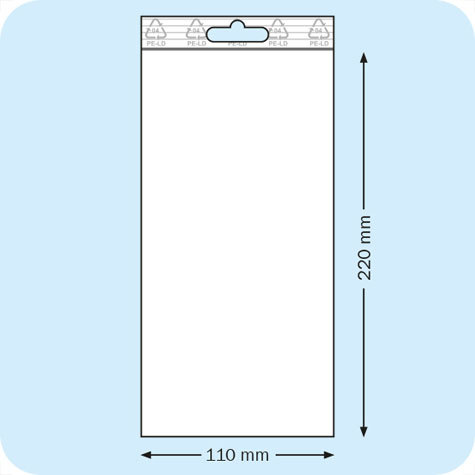 legatoria Sacchetti richiudibili (minigrip), appendibili, 110x220mm TRASPARENTE, in polietilene pesante da 90 micron, aperti sul lato corto, con zip di chiusura. Con perforazione standard europea per essere appesi nei porta blister.