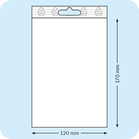 legatoria Sacchetti richiudibili (minigrip), appendibili, 120x170mm TRASPARENTE, in polietilene pesante da 90 micron, aperti sul lato corto, con zip di chiusura. Con perforazione standard europea per essere appesi nei porta blister.