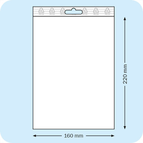 legatoria Sacchetti richiudibili (minigrip), appendibili, 160x220mm TRASPARENTE, in polietilene pesante da 90 micron, aperti sul lato corto, con zip di chiusura. Con perforazione standard europea per essere appesi nei porta blister.