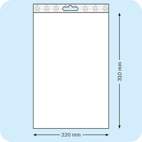 legatoria Sacchetti richiudibili (minigrip), appendibili, 220x310mm TRASPARENTE, in polietilene pesante da 90 micron, aperti sul lato corto, con zip di chiusura. Con perforazione standard europea per essere appesi nei porta blister.